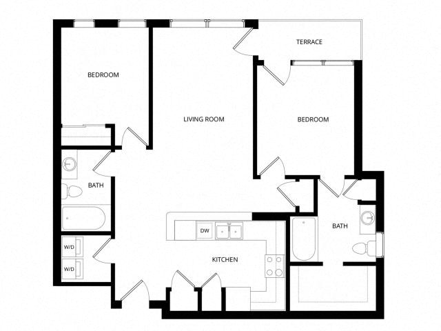 Floor plan for 2 beds, 2 baths, 968 sqft